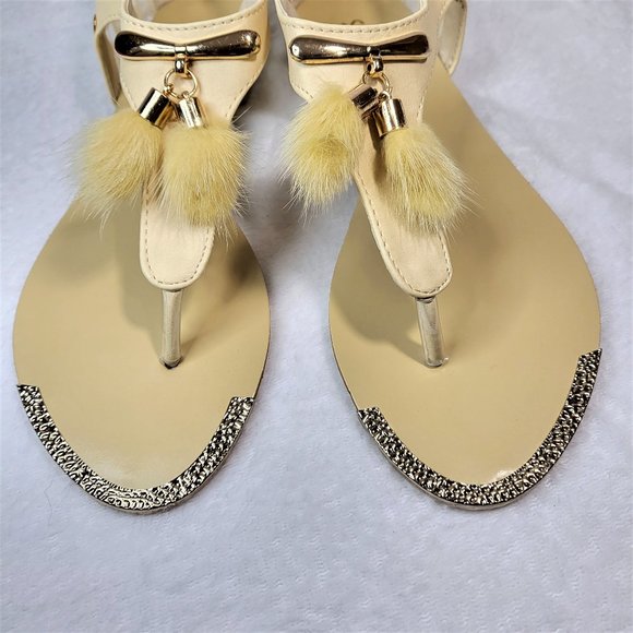 SilverDew Beige Summer Sandals Faux Fur Pom Poms - Picture 7 of 8